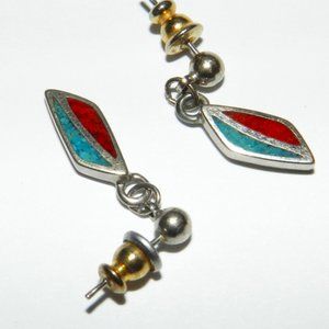 Vintage COP Turquoise And Coral Chip Inlay Small Earrings